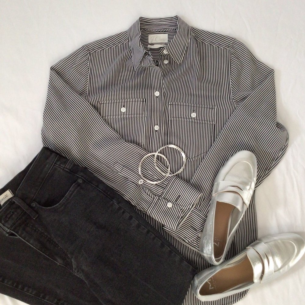 J. Crew Black & White Striped Silk Shirt Sz 2